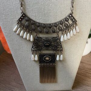 Bohemian Statement Necklace in Gold and Cream Tribal Piece